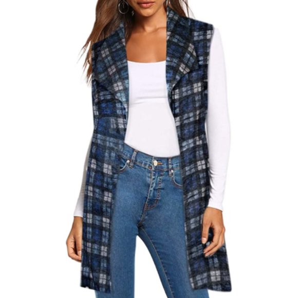 NWT Tartan Plaid Collared Belted Vest Cardigan - Picture 2 of 3